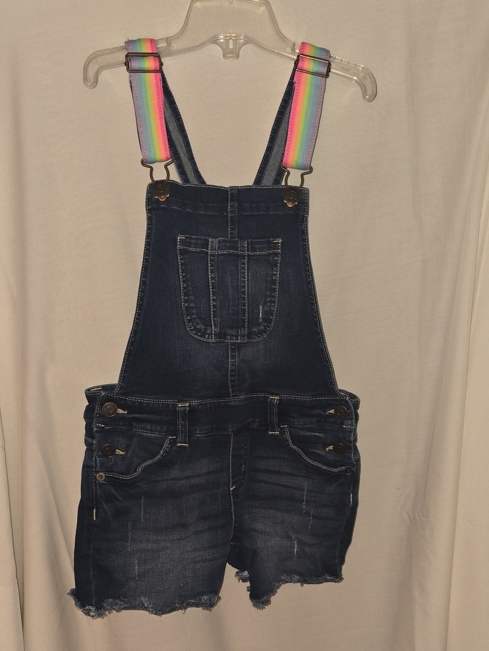 Girls Dark Blue Denim Short Overalls with Rainbow Straps